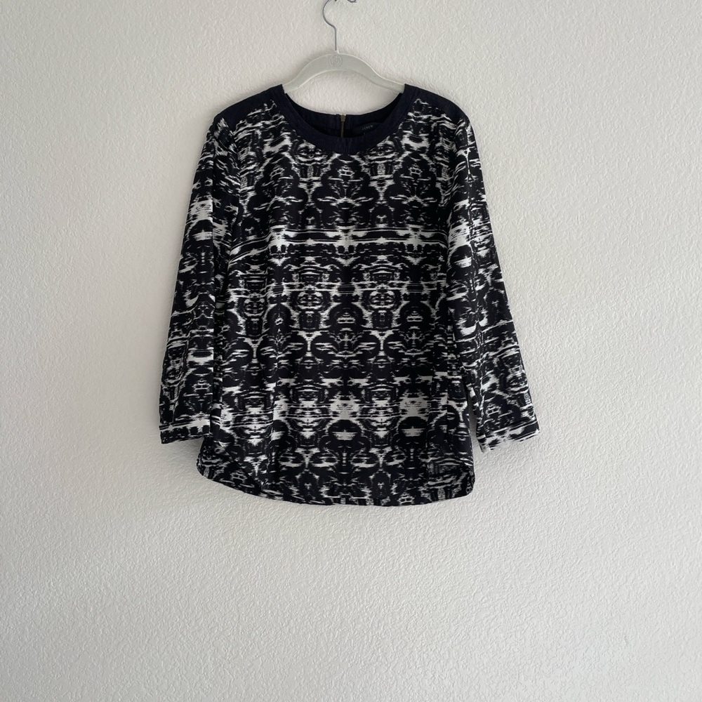 J.Crew Blurred Ikat Top black white polyester wool flannel trim rear zipper SZ 8 - Picture 4 of 7